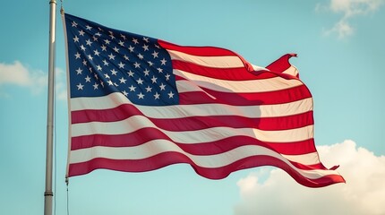 Fototapeta premium American Flag Waving Proudly Against a Blue Sky, USA Flag Flying in the Wind on a Sunny Day, Patriotic Symbol of Freedom and National Pride, United States Flag Fluttering with Strength and Honor