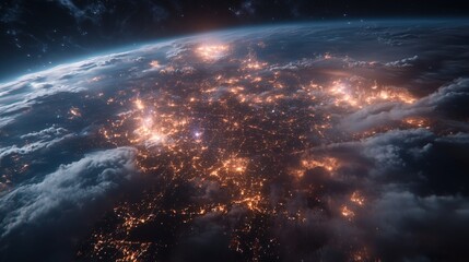 Fototapeta premium View of Earth from space showcasing city lights and cloud coverage during nighttime