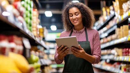 A grocery store employee wearing an apron uses a tablet for inventory management while standing in a food aisle.