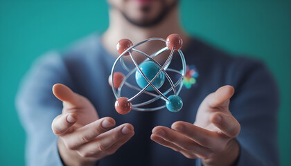 Man holding virtual model of atom on color background, closeup