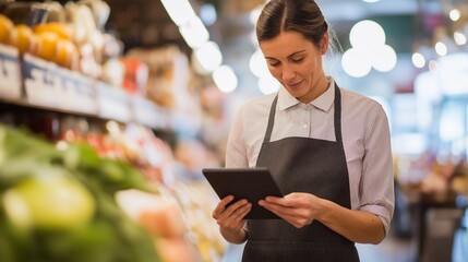 A grocery store employee wearing an apron uses a tablet for inventory management while standing in a food aisle.