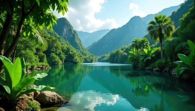 Lush greenery and tropical plants surrounding a serene lake in Forio, verdant, nature, water