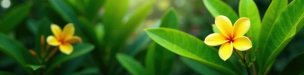 Obraz premium lush greenery with yellow frangipani flowers in full bloom, nature, plumeria, foliage