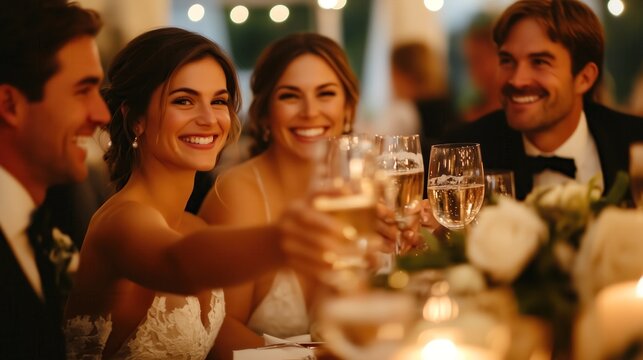 Newlyweds and guests raising glasses for a toast, celebrating love and happiness at their wedding reception