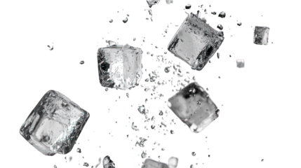 Falling ice cubes with water droplets, isolated on white background