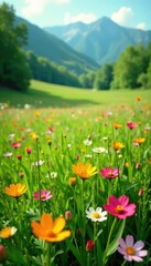 Fototapeta premium lush meadow filled with tall grasses and colorful flowers, landscape, flowers