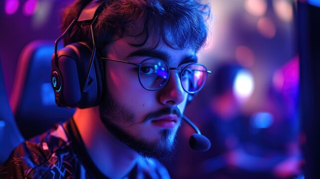Young man concentrating on playing video game wearing headset and glasses in neon lit room