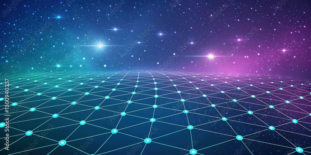 Poster a futuristic network grid pattern in a cosmic space setting with vibrant colours