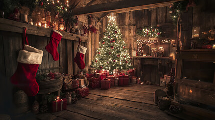 cozy wooden hut adorned with Christmas decorations and gifts
