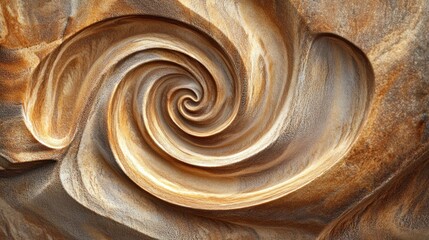 Abstract spiral design in warm earth tones, resembling carved stone or wood.