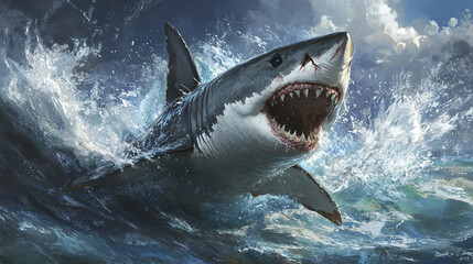 Naklejka premium great white shark mid attack, showcasing its powerful jaws