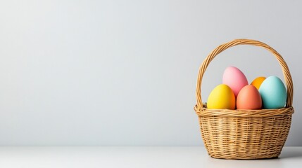 Fototapeta premium Pastel Easter Eggs in Wicker Basket on White Background