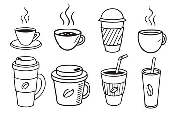 Coffee cups doodle set. coffee cup hand drawn line signs. Outline coffee cups	