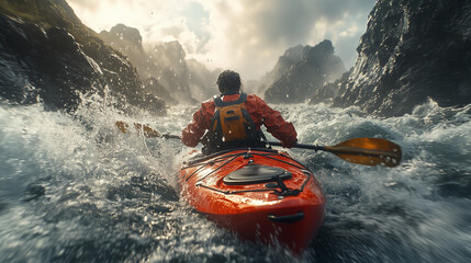 A first-person view of a kayaker navigating powerful whitewater rapids, with splashing water creating a thrilling sense of movement.  