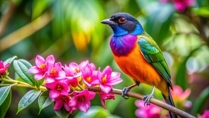 Fototapeta premium Vibrant Rainbow-Colored Bird Perched on a Branch Adorned with Delicate Pink Blossoms in a Lush Garden Setting
