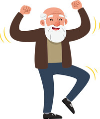 Fototapeta premium Happy elderly man dancing joyfully in a flat design style with cheerful expressions and animated movements, showcasing vibrant colors in this engaging vector illustration
