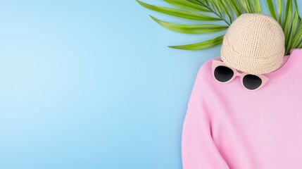 Pastel Pink Knit Sweater Summer Outfit Flatlay with Sunglasses and Palm Leaf on Light Blue Background