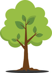 Green tree with a textured brown trunk and lush leaves in a minimalist style of vector art