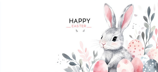 Obraz premium Pastel-colored Easter bunny and egg motifs with hand-drawn watercolor texture, dotted lines and geometric shapes. Versatile template for Happy Easter social media posts, children's book illustrations,