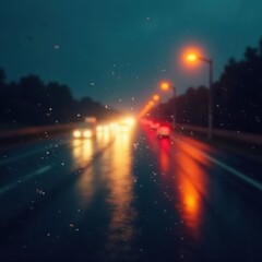 Headlights pierce torrential rain, blurred highway abstract, energy, storm