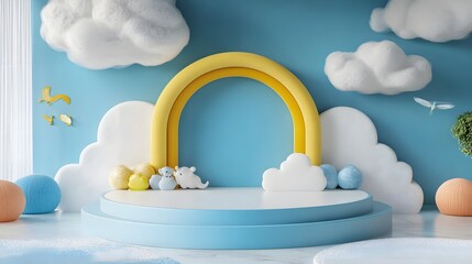 cute baby shower background with rainbow and clouds