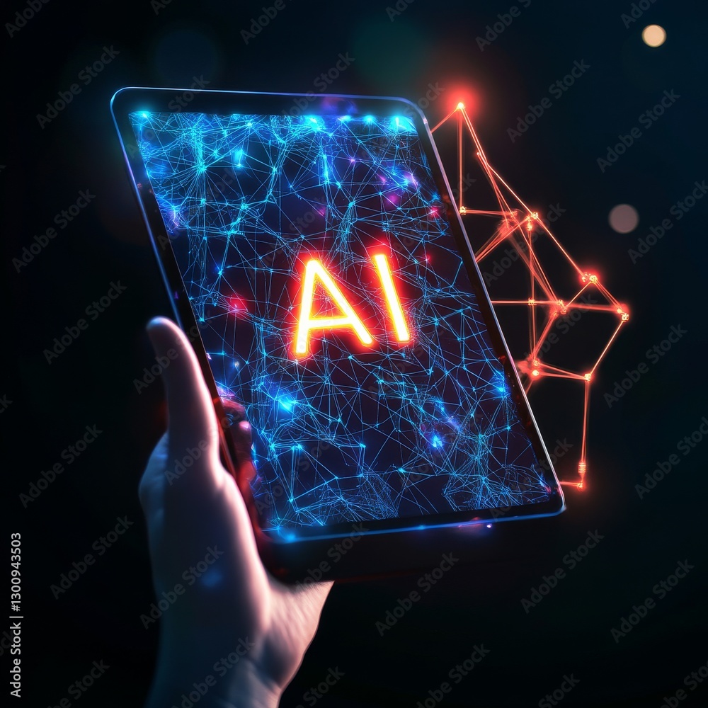 Aufkleber Artificial Intelligence on Display: Hand Holding Tablet with Glowing Network and AI Text in Futuristic Design