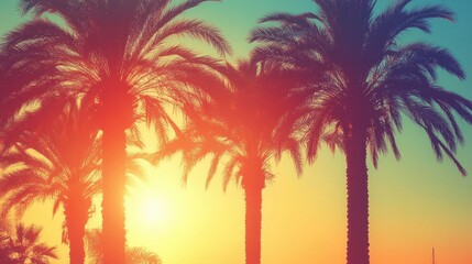 Retro styled palm tree silhouettes framing vivid sunset colors, representing tropical serenity and leisurely summer landscape