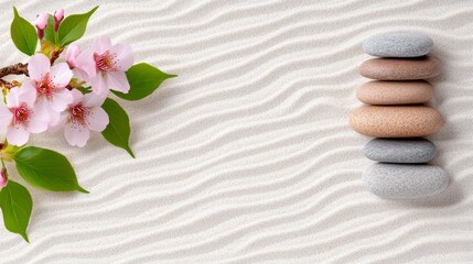 Fototapeta premium Pink Cherry Blossom Branch and Stacked Stones on White Sand Zen Garden