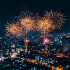 Celebratory Fireworks Exploding over Cityscape at Night, Illuminating Skyline with Bright Light and Vibrant Colors