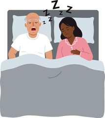 Couple peacefully sleeping in bed, man snoring loudly while woman smiles gently, minimalist vector illustration capturing cozy intimacy and humor of shared moments at night