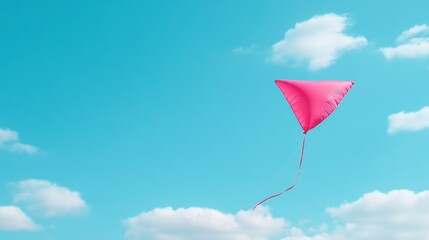 Pink Triangle Kite Soaring in a Blue Sky with Fluffy White Clouds