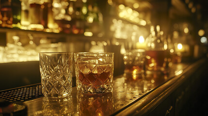 Dimly lit speakeasy bar counter with crystal glasses and warm ambiance