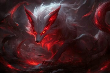 Fototapeta premium A gothic depiction of a nine-tailed fox standing in a shadowy forest, with glowing red eyes and tails swirling ominously