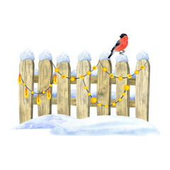 Plank wooden fence in snow with festive garland and bullfinch. Watercolor illustration, hand-drawn on isolated background. For decor, design, printing, polygraphy