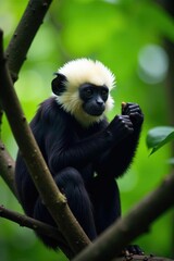 Naklejka premium White headed capuchin foraging in forest undergrowth, branches, tropical, primate