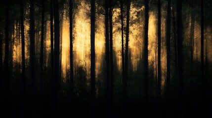 Obraz premium Golden sunset light filtering through a dense pine forest, creating a mystical atmosphere.