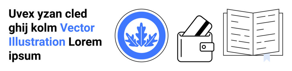 Wallet with cards, an open book with text, and a circular badge with overlapping leaves. Ideal for finance, budgeting, planning, education, documentation organization and licensed products. Landing