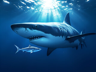 shark, great white shark, ocean, underwater, marine life, predator, wildlife, sea, deep sea, aquatic, nature, water, fish, dangerous, hunting, teeth, sunlight, diving, blue, swimming, ecosystem, ocean