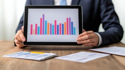 IT infrastructure concept. A business professional displays a colorful graph on a tablet, showcasing data analysis and reports on a desk.
