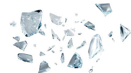 Shattered glass pieces floating, isolated on transparent background
