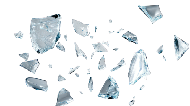 Shattered glass pieces floating, isolated on transparent background