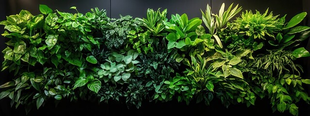 A wall of green plants with a variety of sizes and shapes. The plants are arranged in a way that creates a sense of depth and dimension. Scene is peaceful and calming