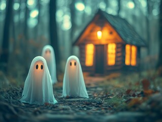 Ethereal Ghosts with Lanterns Near Spooky Cabin in Enchanted Forest during Dusk