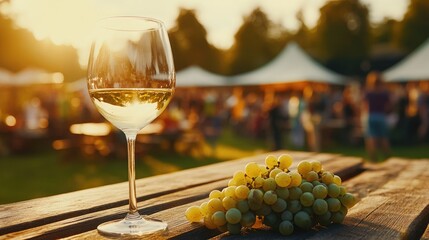 A glass of white wine and grapes on an old wooden table in the foreground, a blurred background with people at an outdoor music festival with food stalls and tents,