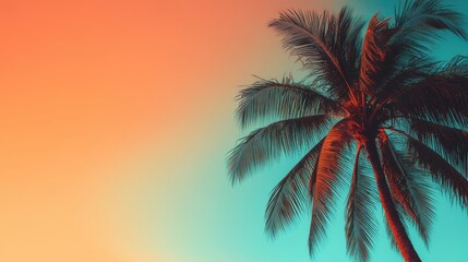 Coconut palm silhouetted, gently swaying amid vivid sunset colors, representing peaceful tropical landscape and tranquil island ambiance