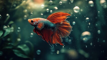 A vibrant betta fish swimming among bubbles and aquatic plants in a serene underwater scene.