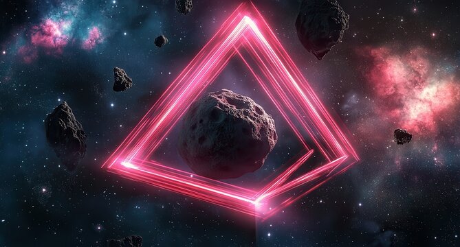 A space scene with a red triangle in the middle and a lot of space debris. The debris is scattered all over the scene, and the triangle is glowing. Scene is mysterious and intriguing