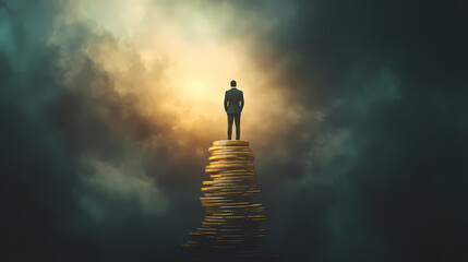 Man in Suit Standing on Pile of Coins with Dark Clouds