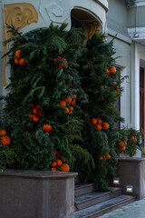 Naklejka premium Decorative display of pumpkins and greenery on a building entrance