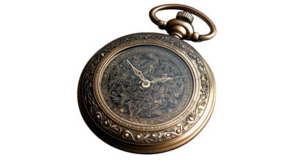 Vintage pocket watch with intricate engravings, isolated on transparent background